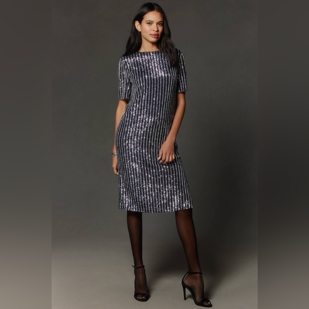 Anthropologie Flat White Dress Navy Blue Silver Sequin Striped Women’s XS Party